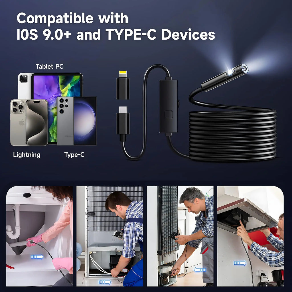 KERUI Single/Dual Lens Endoscope Camera For iPhone iPad IOS & Android Type-c Led Light IP67 Borescope Industry Inspection Camera