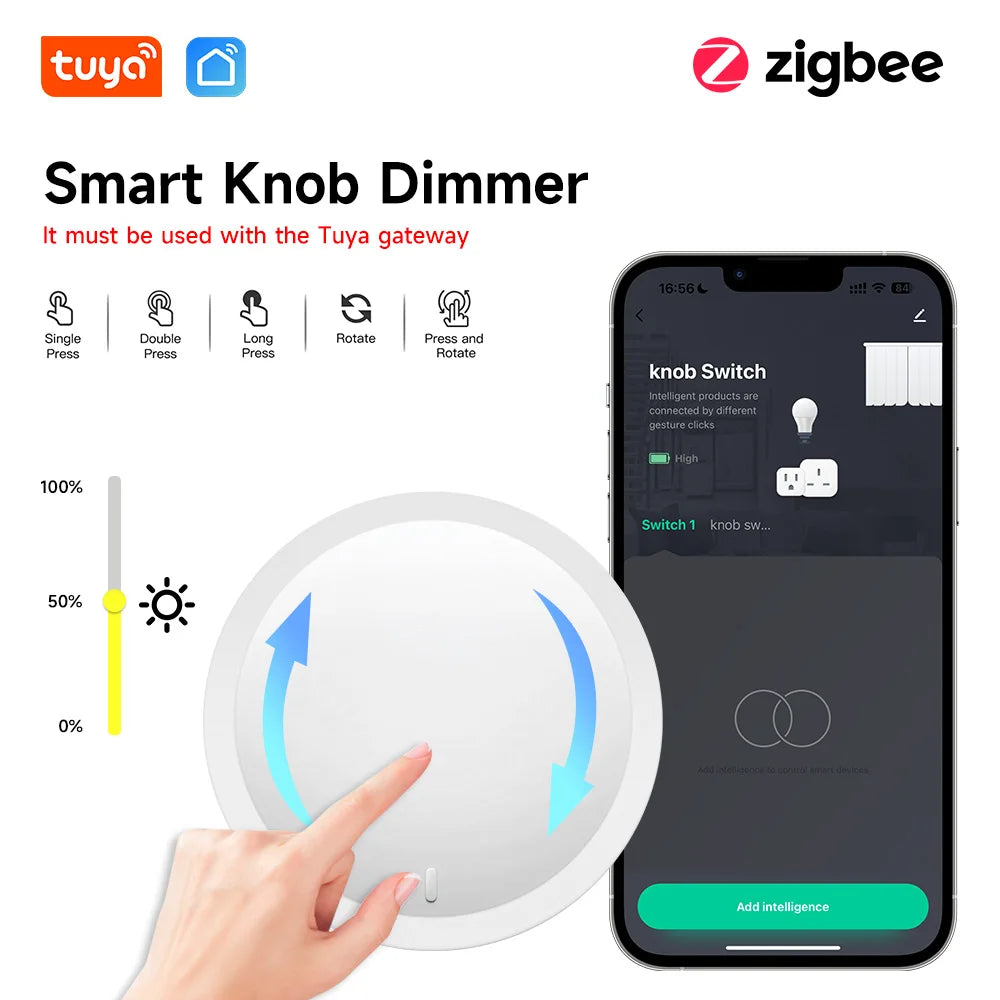 Tuya Wireless Smart Knob, Zigbee Protocol, Tuya Gateway Required, App Dimming & Scene Control, Z2M Supported for Smart Home